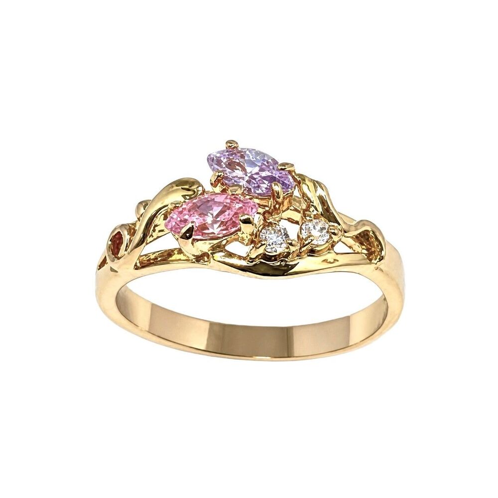 Vintage 1970s Ring Size 9 Pink Purple CZ Marquise Cluster Gold Plated - 14L